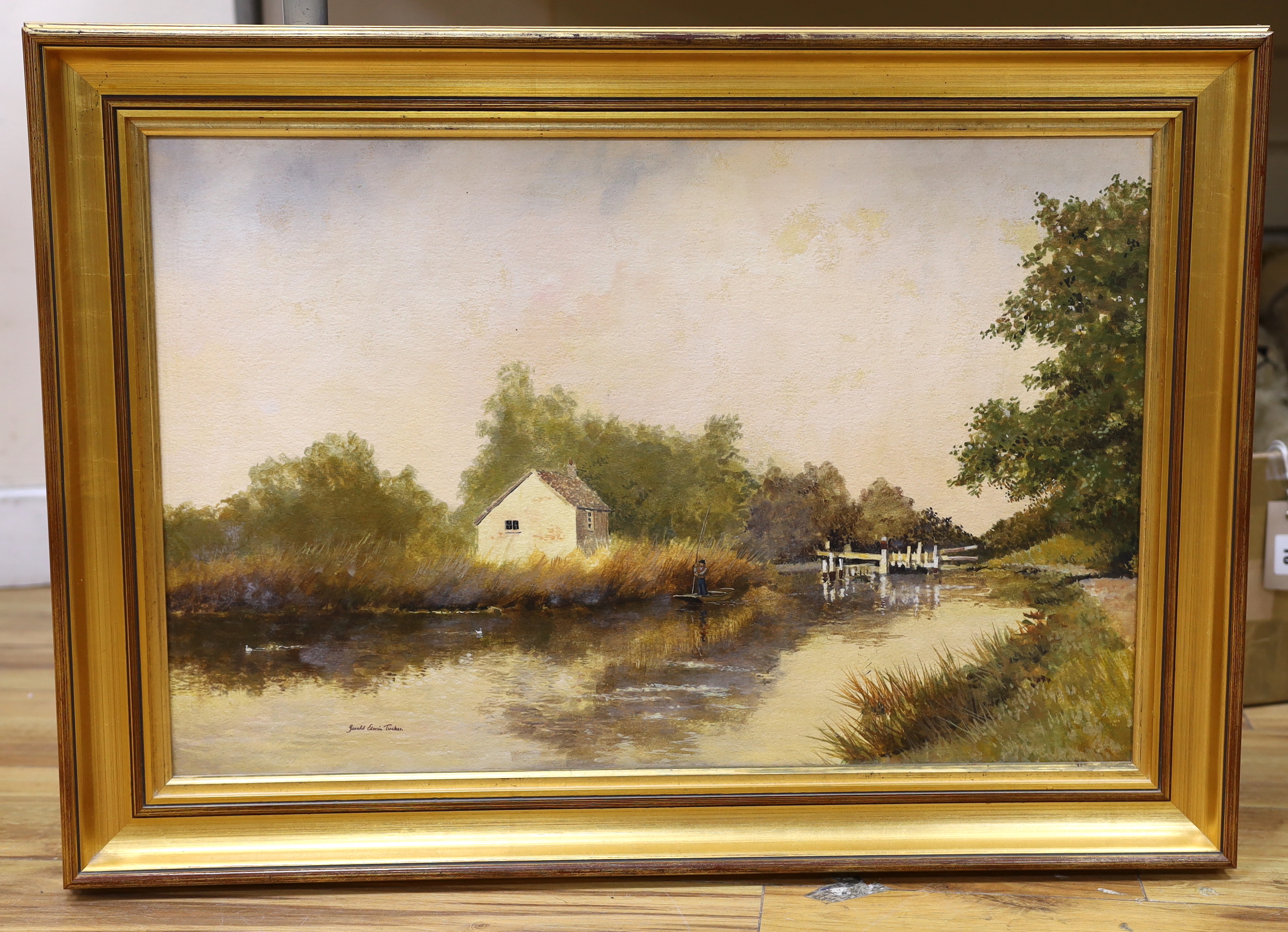 Gerald Edwin Tucker (b.1932) mixed media on board, Punt on a canal, signed, 61 x 40cm